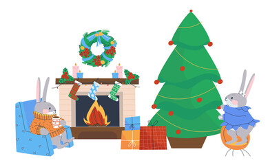 A family of hares is preparing for Christmas. A cozy evening by the fireplace with a Christmas tree and gifts. Flat vector illustration. Eps10