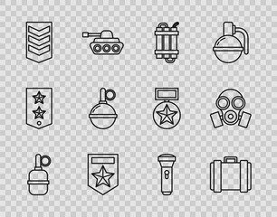 Set line Hand grenade, Military ammunition box, Detonate dynamite bomb stick, Chevron, rank, Flashlight and Gas mask icon. Vector