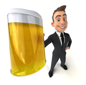 Fun 3D Cartoon Illustration Of A Business Man With A Beer