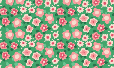 Seamless floral pattern, cute ditsy print with summer meadow, small decorative plants, pink flowers on a green field. Baby botanical background design with pretty tiny flowers, leaves. Vector.