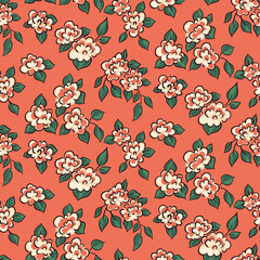 Seamless floral pattern, romantic ditsy print with small decorative rose flowers, leaves on a pink field. Botanical surface design with tiny hand drawn plants in retro style. Vector.