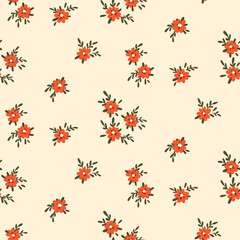 Seamless floral pattern with small sparse flowers on a white background. Cute ditsy print, botanical surface design with tiny hand drawn plants, pink flowers, leaves. Vector illustration.