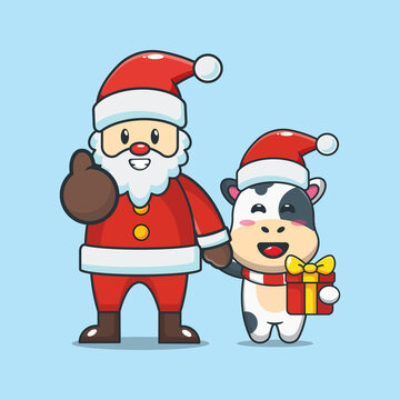 Cute cow with santa claus. Cute christmas cartoon illustration.