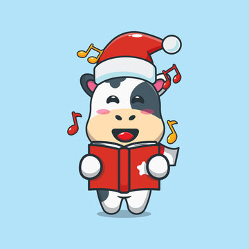 Cute cow sing a christmas song. Cute christmas cartoon illustration.
