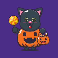 cute cat with halloween pumpkin costume. cute halloween cartoon vector illustration