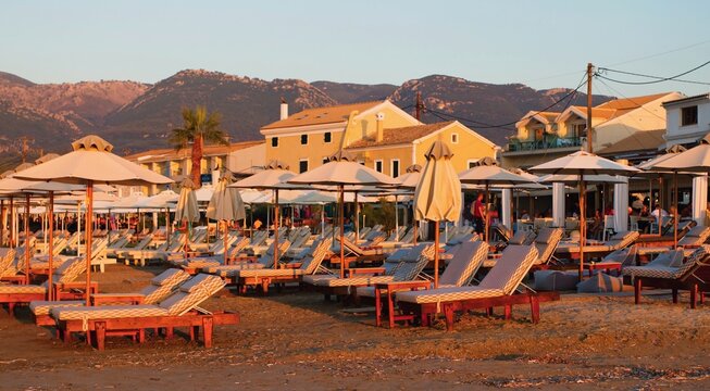 Roda. Greece. Beach and taverns in the resort of Roda on the island of Corfu in the Ionian Sea.