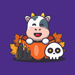 cute cow in halloween pumpkin. cute halloween cartoon vector illustration