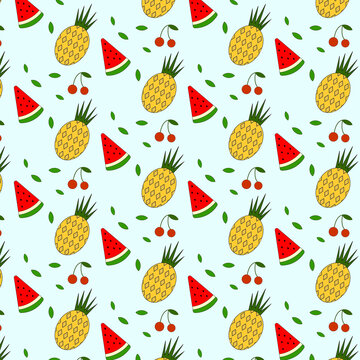 Summer pattern with watermelon, pineapple and cherry. Vector seamless fruit pattern.