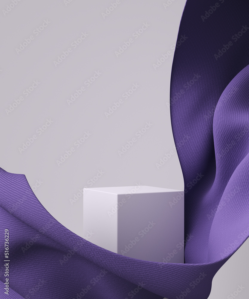 Poster abstract minimal scene for product display, object placement background and flying purple fabric, 3d