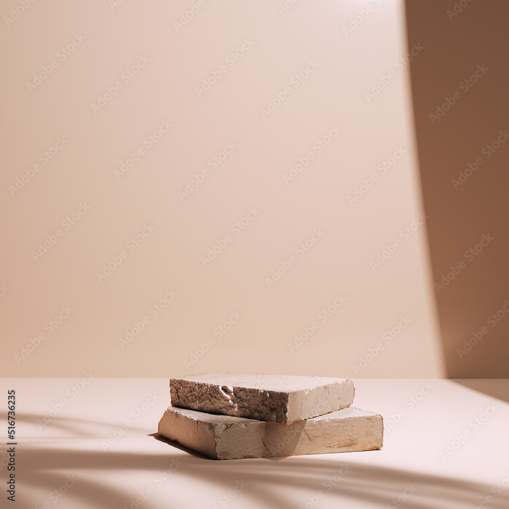 Poster stone slabs podium product presentation, minimal beige scene with leaves shadows for product display