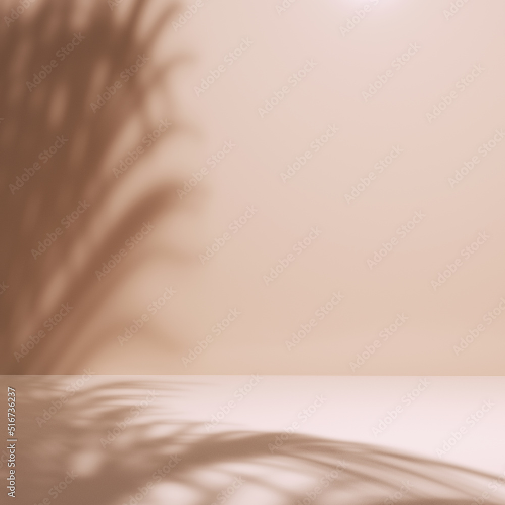 Aufkleber empty room wall with texture tropical leaves shadow, minimal pastel beige summer abstract background