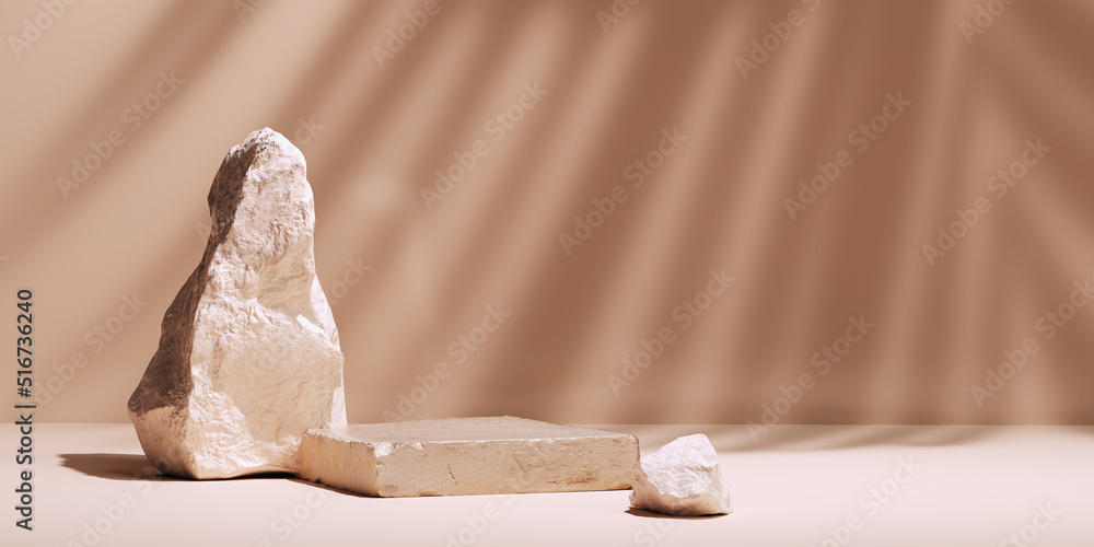 Poster minimal beige scene with tropical leaves shadows and stones, 3d rendering modern product display roo