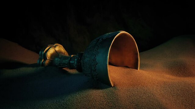 Gold Cup In Desert Cave At Sunset