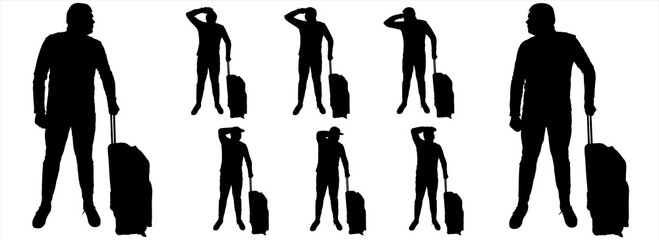 A tourist with a suitcase on wheels is waiting. A tourist in a tracksuit peer into the distance with the help of his hand and focuses his vision. Front view, full face. Silhouettes isolated on white