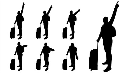 A tourist with a suitcase on wheels, a backpack behind his back. The man raised his hand high and indicates the direction with his finger. To peer. Examine. Seven black silhouettes isolated on white