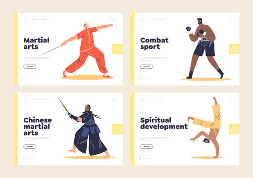 Eastern martial arts concept of landing pages set with fighters wearing costumes and holding weapons