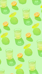 Colorful summer vertical pattern with citrus fruits, glasses and yellow paper parasol on sunny green background.