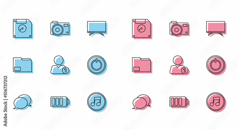 Poster set line speech bubble chat, battery charge level indicator, floppy disk for computer data storage, 
