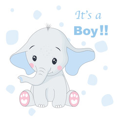 Fototapeta premium It's a boy greeting card with baby elephant. Cartoon vector illustration
