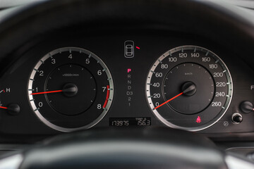 Fototapeta premium car​ instrument panel, car​ speed motor of​ night, car​ dashboard​ modern​ automobile control​illuminated panel​ speed display. 