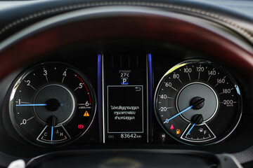 Fototapeta premium car​ instrument panel, car​ speed motor of​ night, car​ dashboard​ modern​ automobile control​illuminated panel​ speed display. 