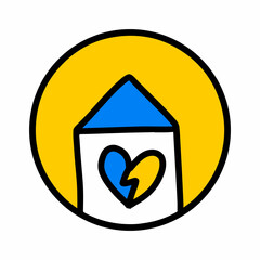 Home house with broken heart inside hand drawn vector logo icon in cartoon doodle style ukrain tragedy