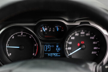 car​ instrument panel, car​ speed motor of​ night, car​ dashboard​ modern​ automobile control​illuminated panel​ speed display.
