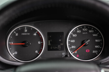 Fototapeta premium car​ instrument panel, car​ speed motor of​ night, car​ dashboard​ modern​ automobile control​illuminated panel​ speed display. 