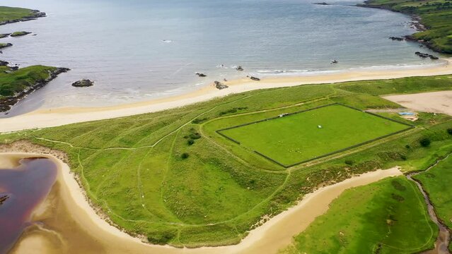 Aerial view of the Killybegs GAA pitch at Fintra beach by Killybegs, County Donegal, Ireland