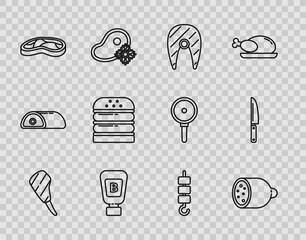 Set line Rib eye steak, Salami sausage, Fish, Sauce bottle, Steak meat, Burger, Grilled shish kebab on skewer stick and Knife icon. Vector