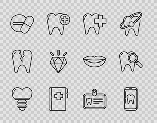 Set line Dental implant, Online dental care, clinic for tooth, Clipboard with card, Medicine pill tablet, Diamond teeth, Id and search icon. Vector