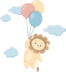 Children's vector illustration. Cute lion cub flying on balloons. Little lion flying in the sky