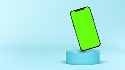 Realistic Cylinder Podium Modern Smartphone Standing Green Screen Blank Mockup Template