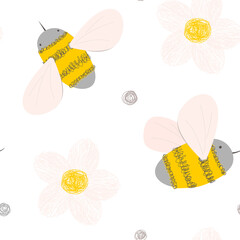 Cute seamless pattern with doodle bees and flowers. Hand drawn cartoon background for baby goods, cards, beekeeping packaging