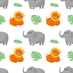 Obraz premium Pastel cute jungle animals with leaf seamless pattern background EPS