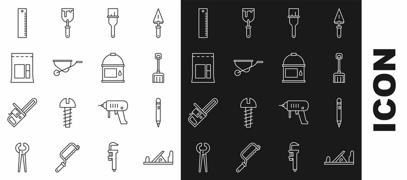 Set line Wood plane tool, Pencil with eraser, Snow shovel, Paint brush, Wheelbarrow, Cement bag, Ruler and bucket icon. Vector