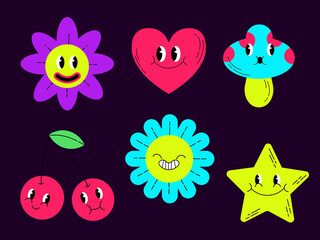 Funny crazy psychedelic stickers set print. Vector cartoon illustration sticker pack design. Psychedelic,groovy,trippy,lsd acid,magic mushrooms print for t-shirt,poster,card concept EPS