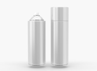 Spray bottles with open and closed caps, packaging mockup. Aerosol cans for paint, deodorant, antiperspirant or hairspray. Blank aluminum containers isolated on white background. Realistic 3d render