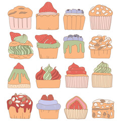 Hand drawn collection of cupcake and dessert in doodle art style on white background