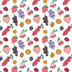 Seamless pattern background of hand drawn vector mixed berry fruit on white background