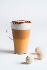 Cafe latte macchiato layered coffee on white background