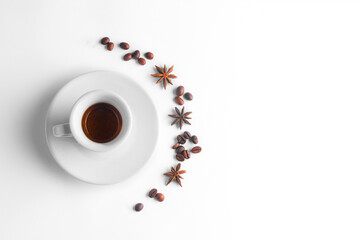 white coffee cup and beans on white background, Cup of espresso.Top view