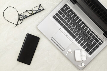 Top view of table with lap top and copy space