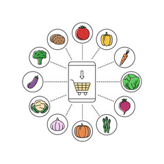 Online store with vegetables. Shopping via application on tablet, vector illustration