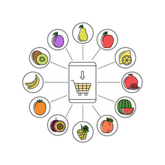 Online store with fruits and berries. Shopping via application on tablet, vector illustration
