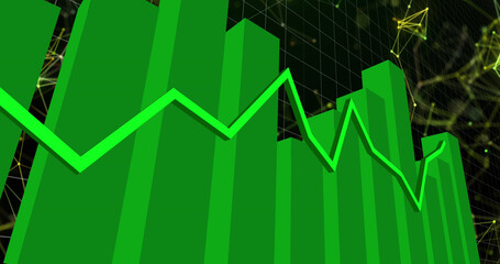 Image of financial data processing over network of connections on black background