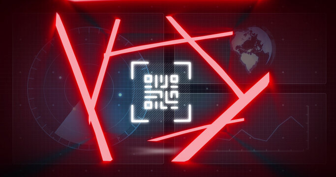 Image of neon qr code with lines over data processing and scope scanning on black background
