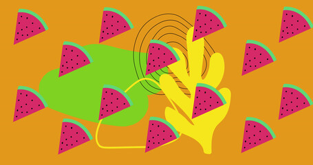 Image of watermelon spinning over shapes on orange background