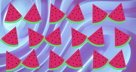 Image of watermelon over shapes on blue background