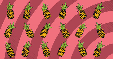 Image of pineapple repeated over pink striped background